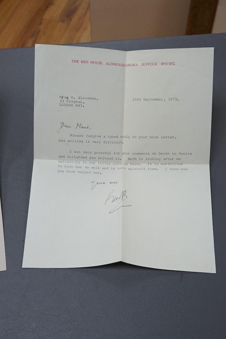 Two classical music related letters; a typed letter from Benjamin Britten (1913-1976) to Marie Slocombe (1912-1995) founder of the BBC Sound Archive, on ‘The Red House’, Aldeburgh headed note paper, dated 24 September 19